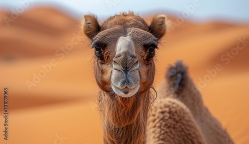 A majestic arabian camel stands tall in the desert, blending seamlessly with the aeolian landforms as it surveys its natural environment with an air of wild freedom © familymedia