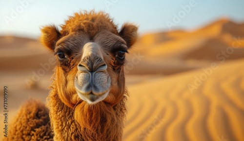 A majestic arabian camel stands tall against the vast desert landscape  its mammalian form perfectly adapted to the harsh outdoor conditions of sand and sun