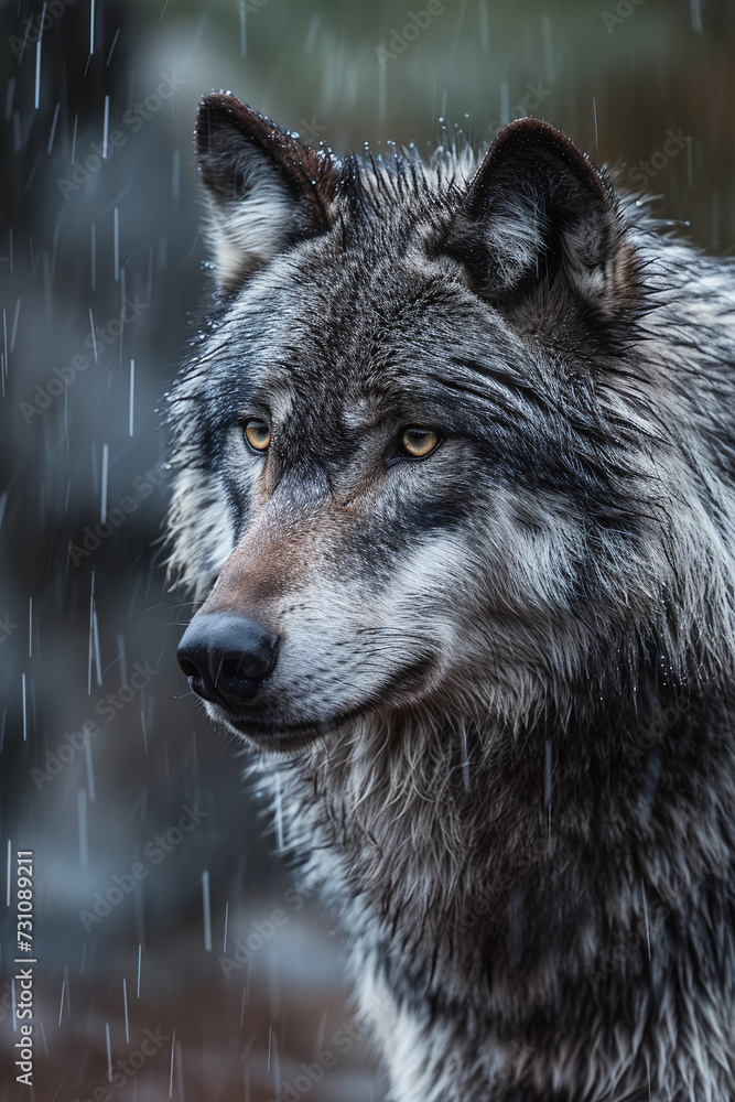 Dark grey wolf in its natural habitat with a close-up portrait shoot. Generative AI Dark grey wolf in its natural habitat with a close-up portrait shoot. Generative AI