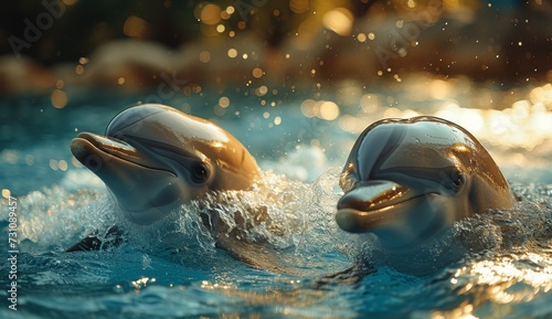 Two graceful bottlenose dolphins, one common and one wholphin, glide effortlessly through the crystal blue waters, embodying the beauty and majesty of these intelligent marine mammals photo