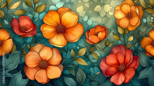 A background filled with flowers illustrated in alcohol ink exudes a mix of vibrant colors and delicate textures. Delicate textures in a visually captivating scene.