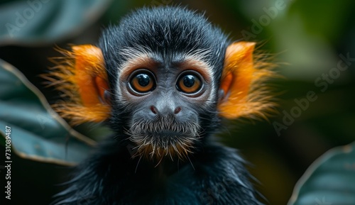 A curious primate, covered in soft fur, gazes intensely at the camera, revealing a wild and untamed beauty within this terrestrial animal © familymedia