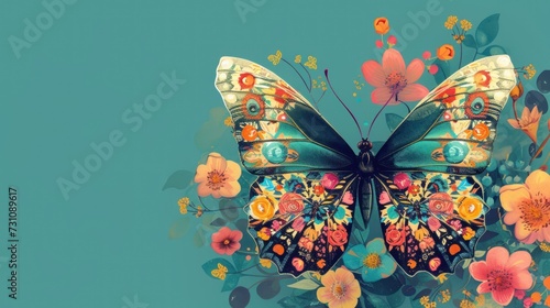 a painting of a butterfly on a blue background with flowers in the foreground and a blue sky in the background. photo