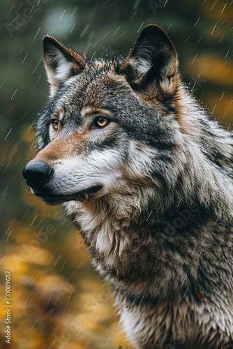 Dark grey wolf in its natural habitat with a close-up portrait shoot. Generative AI