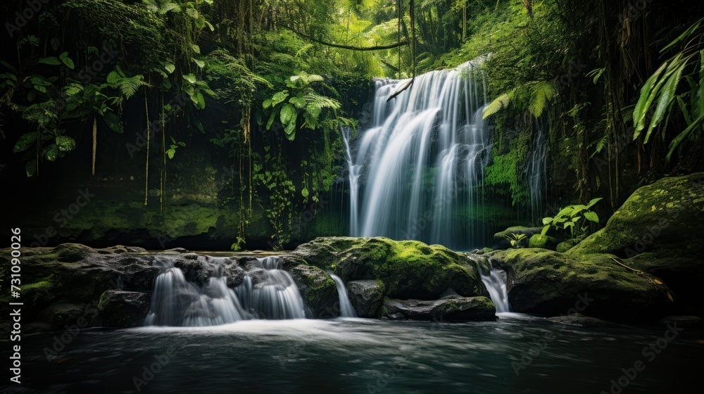 Tranquil waterfall amidst lush green forest with moss-covered rocks Tranquil waterfall amidst lush green forest with moss-covered rocks