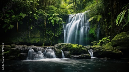 Tranquil waterfall amidst lush green forest with moss-covered rocks
