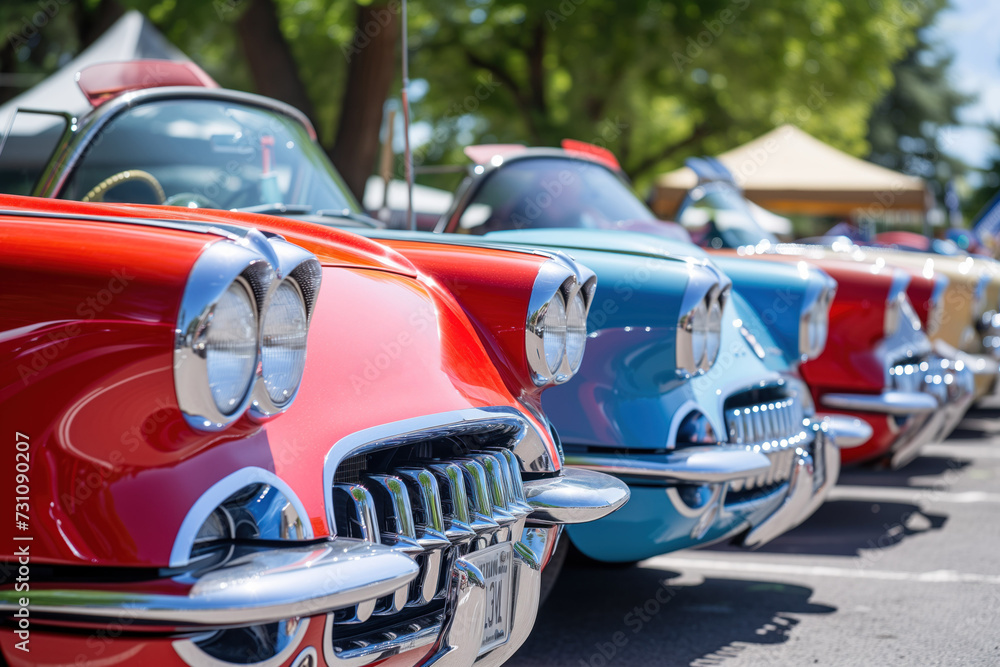 Vintage cars lined up at an outdoor event.