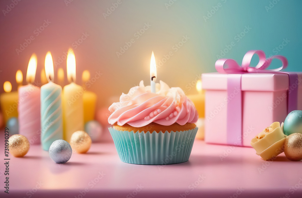 A lot of birthday little cakes, candles, gift boxes with big bows. A lot of birthday little cakes, candles, gift boxes with big bows.