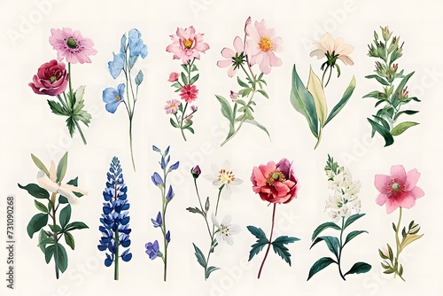 Fototapeta Naklejka Na Ścianę i Meble -  watercolor clip art flowers and botanical illustrations