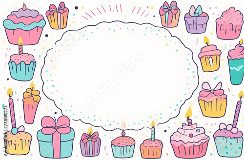 Pastel colors frame with free place for text made from lot of birthday little cakes  candles  gift boxes with big bows.