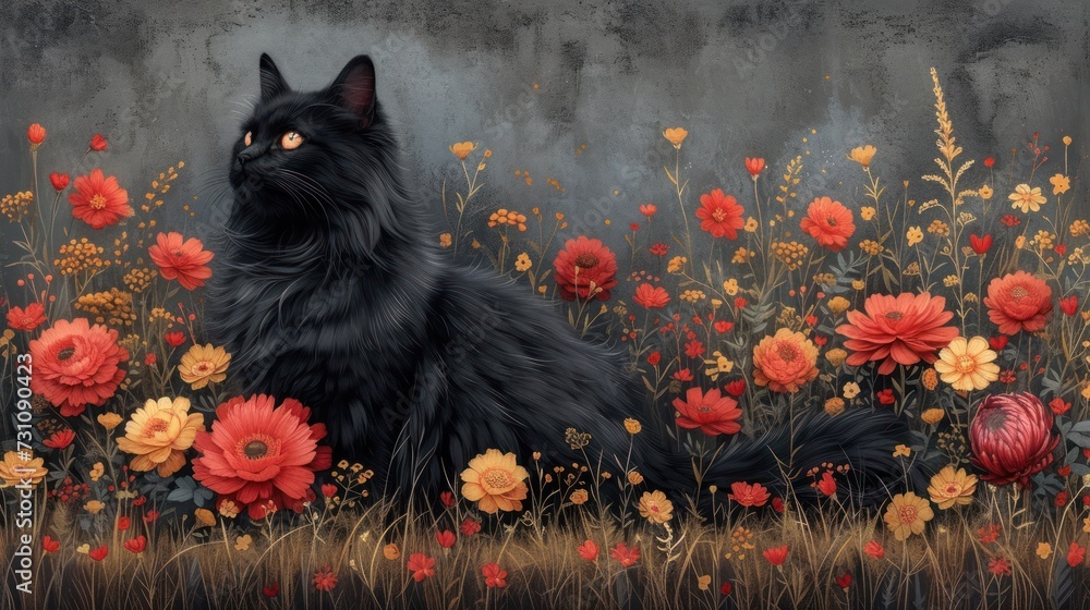 a painting of a black cat sitting in a field of flowers with red, yellow, orange and yellow flowers. a painting of a black cat sitting in a field of flowers with red, yellow, orange and yellow flowers.