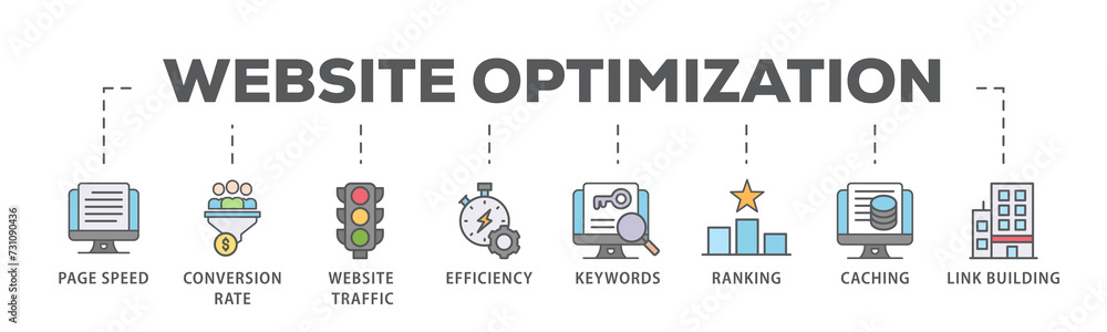 Website optimization banner web icon illustration concept with icon of page speed, conversion rate, website traffic, efficiency, keywords, ranking, caching, link building Website optimization banner web icon illustration concept with icon of page speed, conversion rate, website traffic, efficiency, keywords, ranking, caching, link building