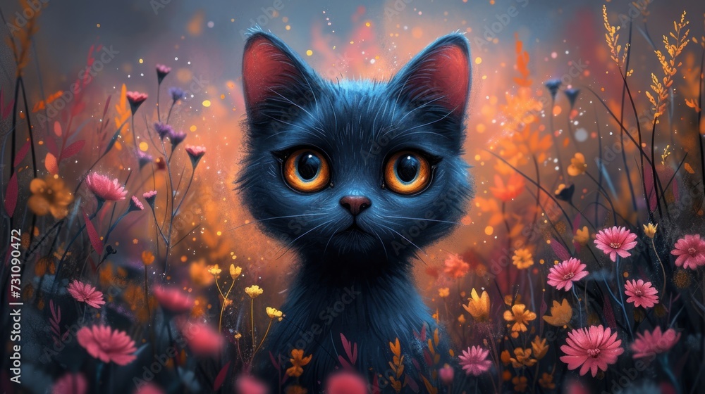 a painting of a black cat in a field of flowers with a yellow eyed cat in the middle of the painting.