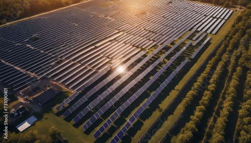 Aerial photo of new energy solar photovoltaic panels outdoors at sunrise