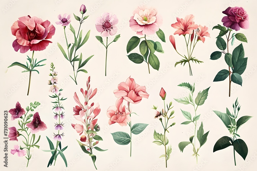watercolor clip art flowers and botanical illustrations - obrazy, fototapety, plakaty 