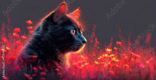 a black cat sitting in the middle of a field of wildflowers with a red glow on its face. © Nadia