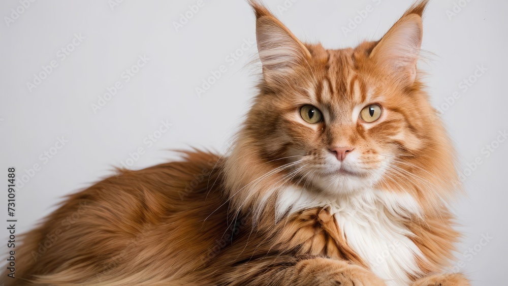 Portrait of Red maine coon cat on grey background Portrait of Red maine coon cat on grey background
