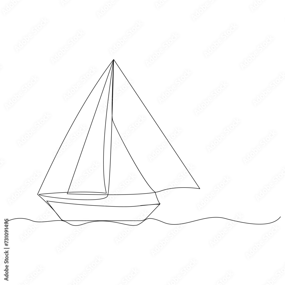 Sea Sailboat Continuous one line drawing out line vector illustration