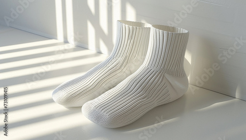 White socks closeup on stylish background. Male female knitted sock mockup. Fashion stylish footwear. Comfort foot covering display front view. Casual socks mock-up