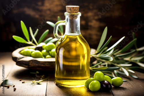 Extra virgin olive oil in a glass bottle with fresh olives on rustic wooden table with olive trees. Spanish mediterranean diet.