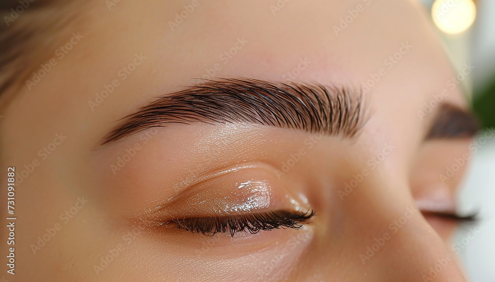 Eyebrow shaping. Eyebrows correction and brow design. Beautiful Caucasian woman face closeup in beauty treatments salon. Beauty makeover facecare rituals. Eyelash extensions. Banner