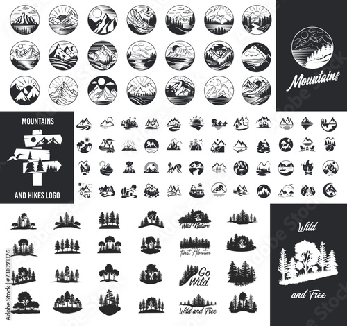 Mountain icons set, rivers, lakes, nature landscape, hills, forest, wood, trees, icon or logo