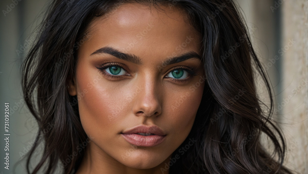 Beautiful, tanned, real girl with long wavy black hair, emerald green eyes. generative AI Beautiful, tanned, real girl with long wavy black hair, emerald green eyes. generative AI