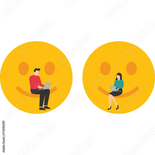 Employee happiness concept, job satisfaction or company benefits, happy workplace or positive attitude, work motivation, happy businessman and woman holding smiley face symbol at happy workplace.