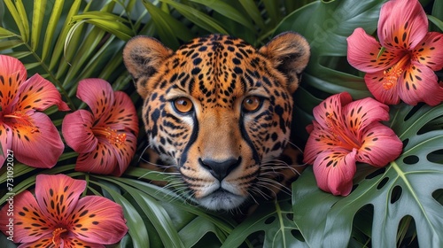 a close - up of a leopard's face surrounded by tropical leaves and flowers, with red flowers in the foreground. photo