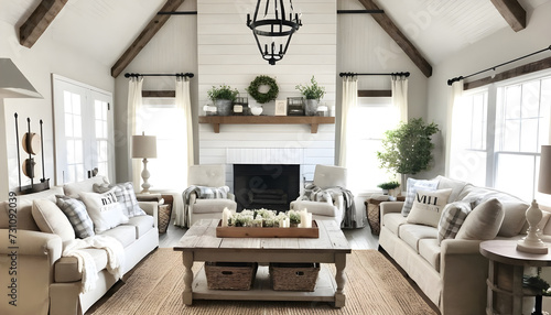 cathedral ceiling in living room with fireplace and neutral farmhouse decor © JL Designs