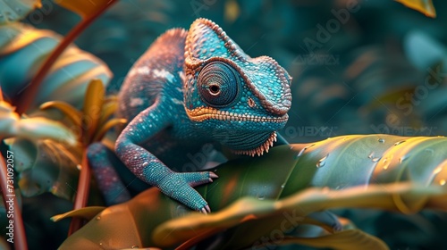 A chic chameleon perched on a tropical leaf.