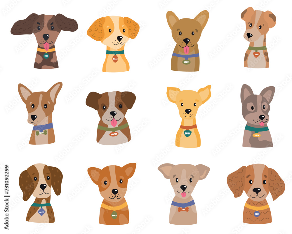 Dogs portraits of different breeds cute vector set. Diverse Dogs Faces collection in trendy flat style.