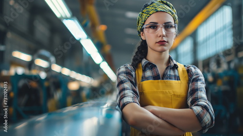 Female factory worker work on production line. Woman diligently operates machinery on a factory production line, epitomizing efficiency and dedication in industrial settings photo