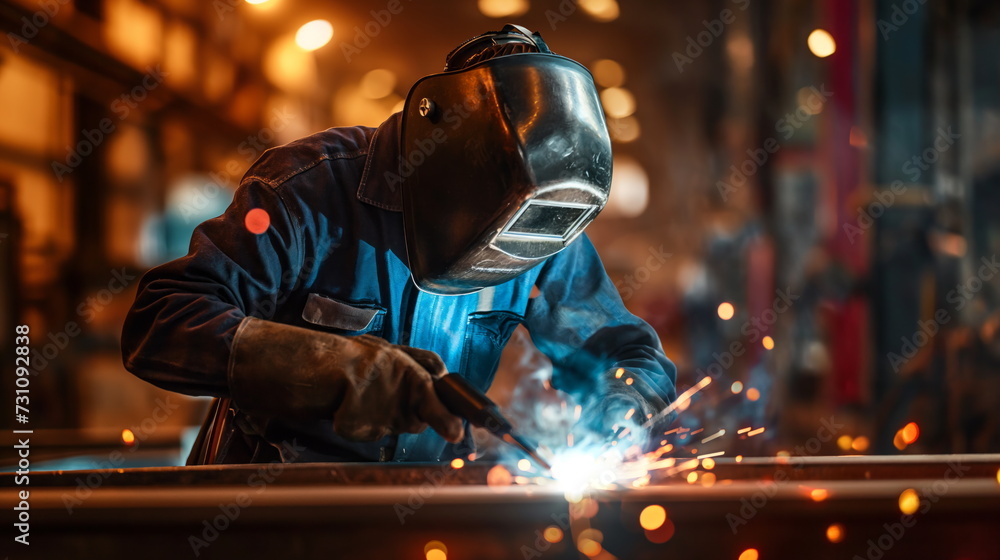 Welder man does metal welding in production with an industrial welding machine, sparks