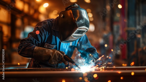 Welder man does metal welding in production with an industrial welding machine, sparks