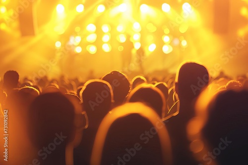 Concert crowd silhouetted against vibrant yellow stage lights Creating a dynamic and energetic atmosphere for live music and entertainment events