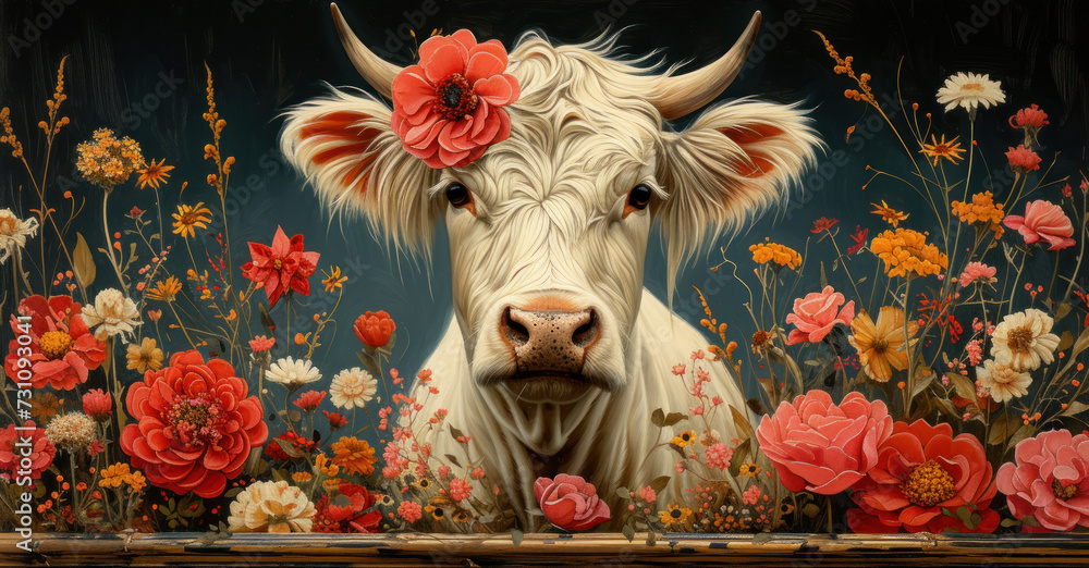 a painting of a white cow with a red flower in its hair in a field of red and yellow flowers.