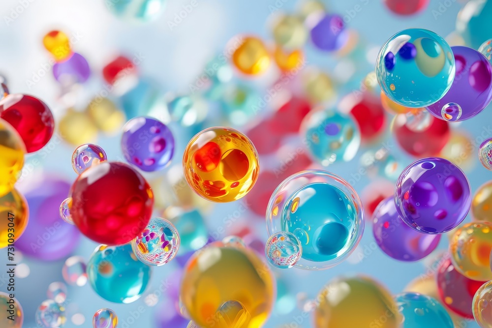 Abstract art piece featuring a mesmerizing array of colorful Floating spheres against a clear backdrop Concept of creativity and imagination Abstract art piece featuring a mesmerizing array of colorful Floating spheres against a clear backdrop Concept of creativity and imagination