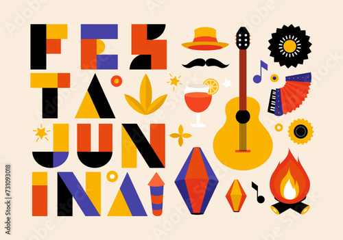 Festa junina poster with geometric pattern. Summer brazilian carnival banner with icons of music, lanterns, flowers, hats and flags. Geometric banner of june festival in Brazil, vector illustration