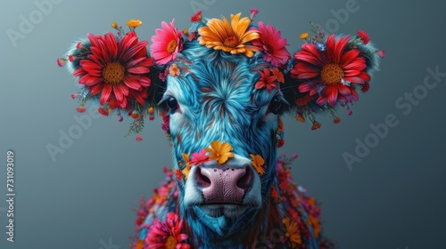 a close up of a cow with flowers on it's head and a blue body with red, orange, and yellow flowers on it's head.