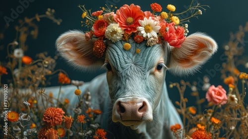a cow with a flower crown on it's head in a field of orange and white wildflowers. photo