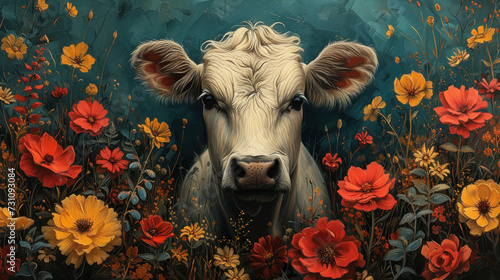 a painting of a white cow in a field of red, yellow, and yellow flowers with a blue sky in the background.