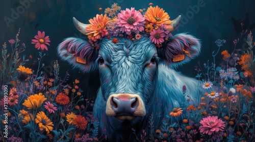 a painting of a cow with a flower crown on it's head in a field of wildflowers.