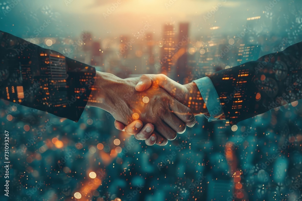 Alliance forged A close-up of a business handshake A fusion of trust and mutual goals against a cityscape - obrazy, fototapety, plakaty 