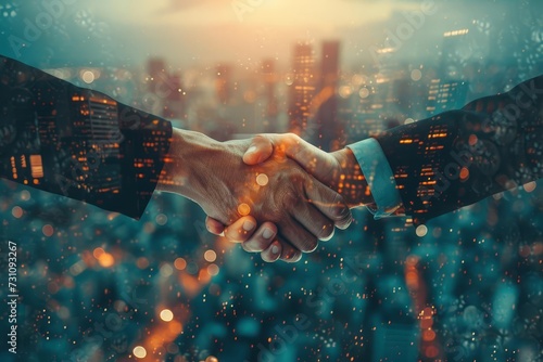 Alliance forged A close-up of a business handshake A fusion of trust and mutual goals against a cityscape photo