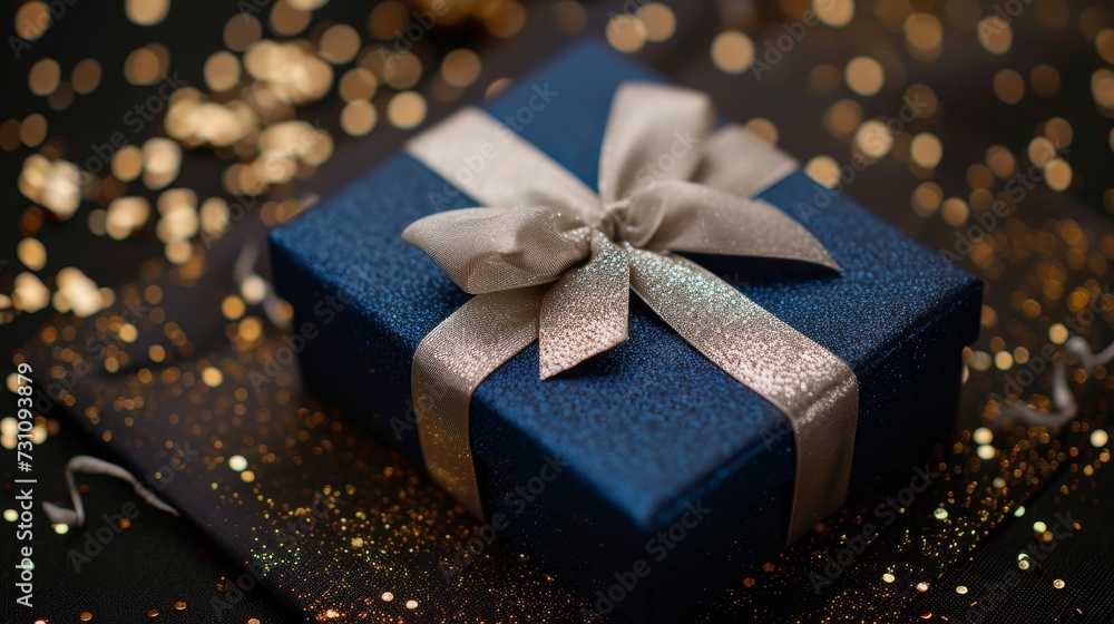 Navy blue gift box with satin ribbon and golden glitter on black background for special occasions Navy blue gift box with satin ribbon and golden glitter on black background for special occasions