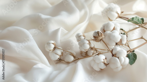 White cotton flowers plant on white cotton fabric background for sustainable fashion or organic products. Eco-friendly textile © Mars0hod