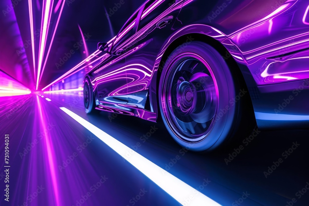 Futuristic car driving at night Synth-wave aesthetic with vibrant purple neon colors