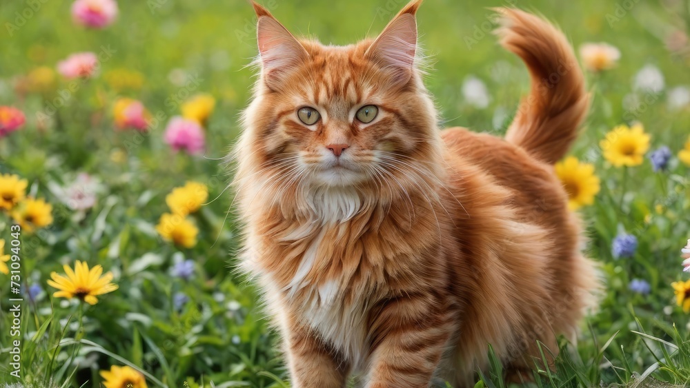 Red maine coon cat in flower field