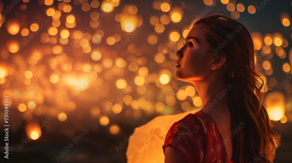 Young woman on background flying lanterns, back, oil lamp light, festival of lights celebration